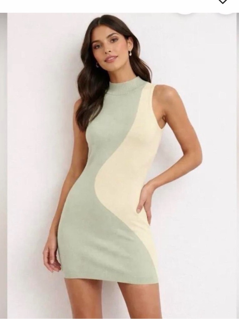 Peppermayo Sage Green & Cream Curved Colorblock Knit Mini Dress